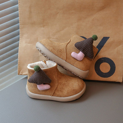 Christmas Children's Snow Boots PU Leather Vintage Girl's Plush Boots Anti-slippery Kid's Warm Padded Boots Cotton Shoes