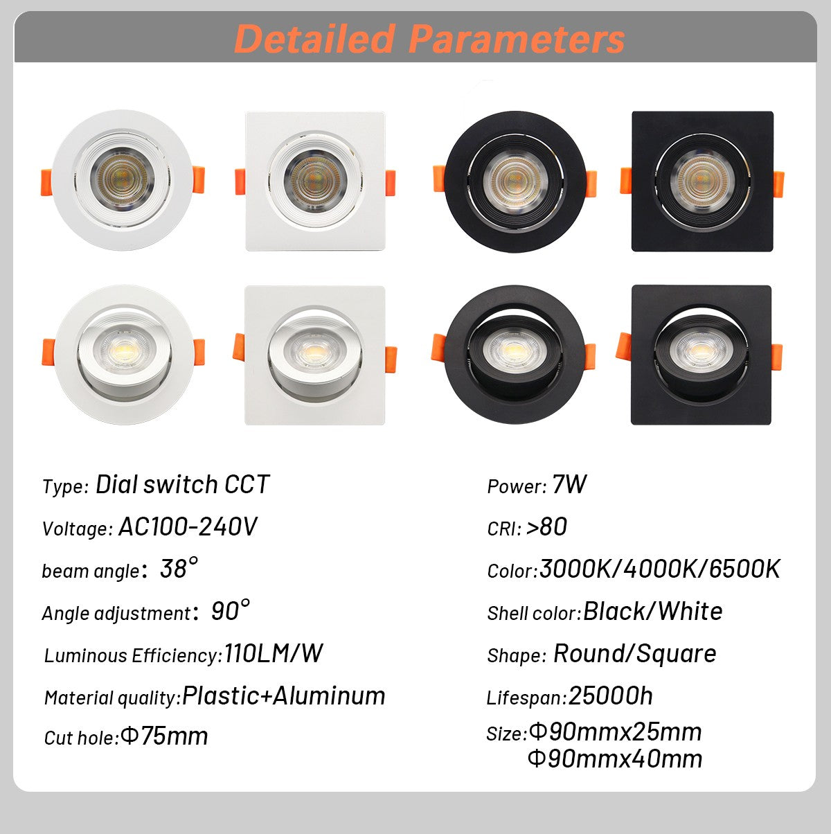 1-10pcs LED Change color 3 CCT 3000K 4000K 6000K LED Ceiling Spotlight embedded light 7W AC 110V 220V Adjust 90° lighting Spot