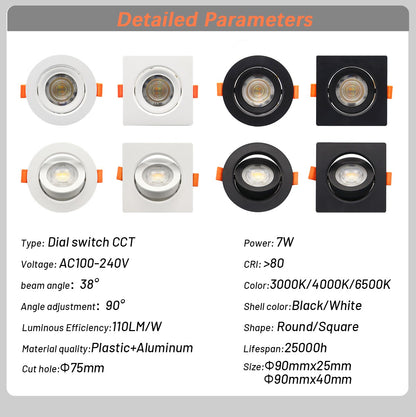 1-10pcs LED Change color 3 CCT 3000K 4000K 6000K LED Ceiling Spotlight embedded light 7W AC 110V 220V Adjust 90° lighting Spot