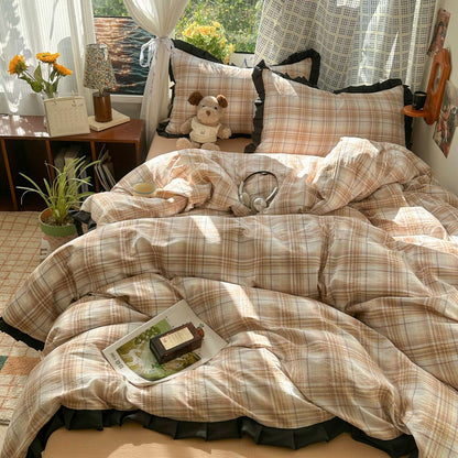 Plaid Bedding Set Double Yarn Classic Vintage Duvet Cover Set Flat Sheets Set 2 Pillowcases Single Twin Full Queen Size