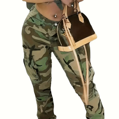 Women's Plus-Size Camo Denim Pants - Stretchy Boyfriend Fit, Street Style Cargo Jeans