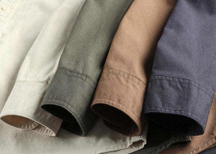 2025 Spring New Japanese Retro Long Sleeve Lapel Cotton and Linen Cargo Shirt Men's Simple Single Pocket Casual Loose Blouses