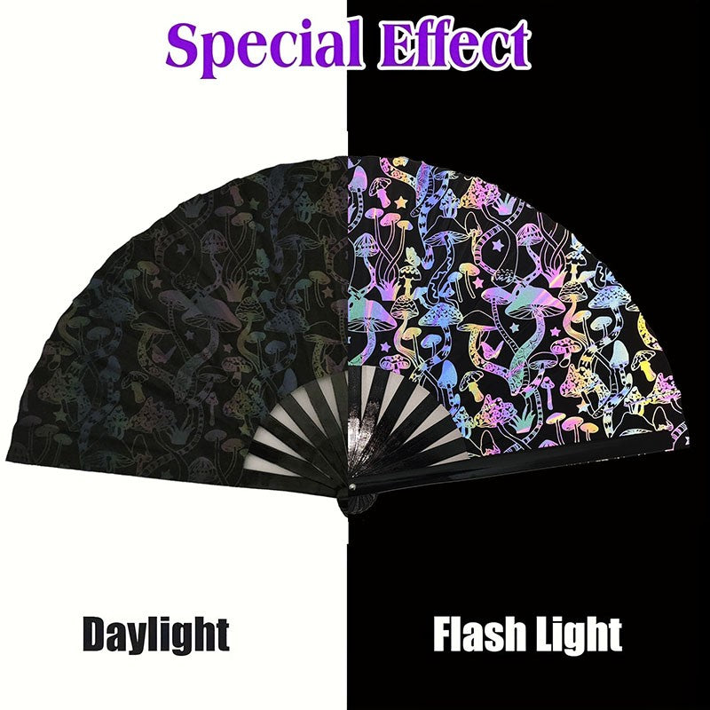 33 CM Bright Flash Reflective Glitter Folding Hand Fan with Holster, Mushroom Folding Fan for Raves Music Festivals, Carnivals
