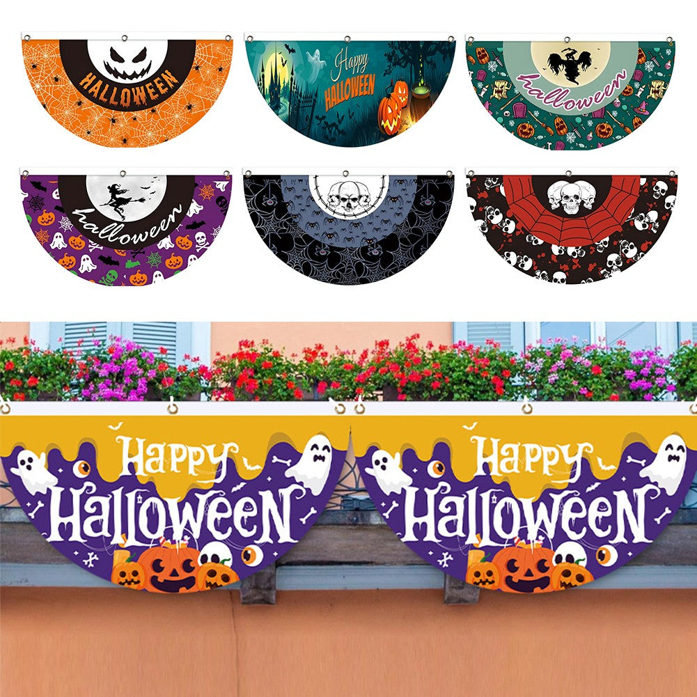 Halloween Fan Flag Spooky Halloween Bunting Flag Set for Outdoor Yard Decor Skull Ghost Pumpkin Banner for Porch Fence Kitchen