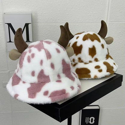 Autumn and winter new cow print horn fisherman hat female print Korean fashion plush thickened warm basin hat