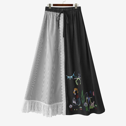 ZANZEA Plus Size Women Skirts Denin-Like Striped Patchwork Lace Trim Detail Lace-Up Elastic Waist A-Line Midi Skirt Casual Chic