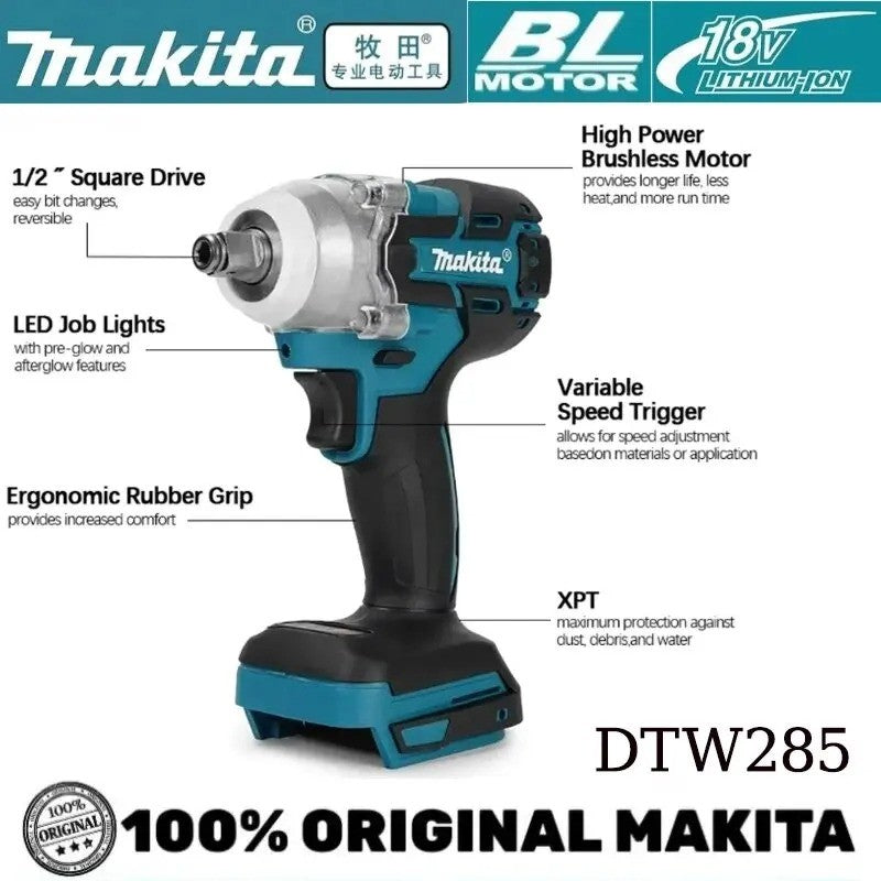 Ferramenta Chave de Impacto Makita 18V DTW285, Chave Elétrica Sem Fio Brushless de Alto Torque Recarregável para Bateria Makita 18V