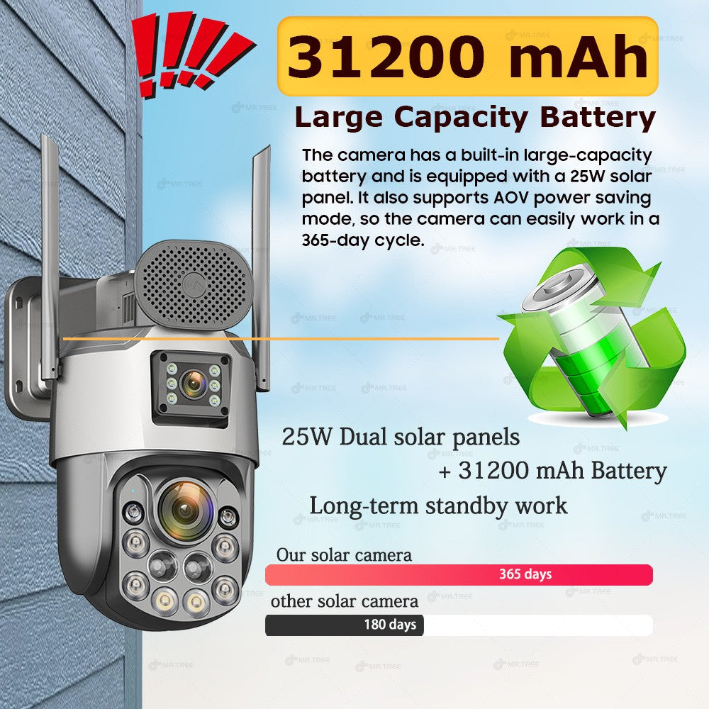 Câmeras de segurança solares externas 4K, 4G SIM, 2 lentes/tela, zoom óptico de 60x, rastreamento automático, PTZ 360°, câmera IP para vigilância residencial