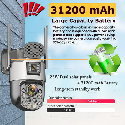 Câmeras de segurança solares externas 4K, 4G SIM, 2 lentes/tela, zoom óptico de 60x, rastreamento automático, PTZ 360°, câmera IP para vigilância residencial