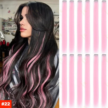 Colored Highlight 22 Inch Synthetic Hair Extensions Rainbow Long Straight Hairpieces for Women Kids Girls Purple Pink Blue
