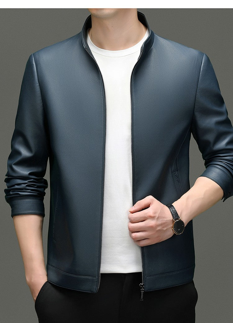 Leather Fashion Handsome Trend Solid Color High Quality Male Stand Collar Dad Father Middle-aged Leather Autumn and Winter Coat