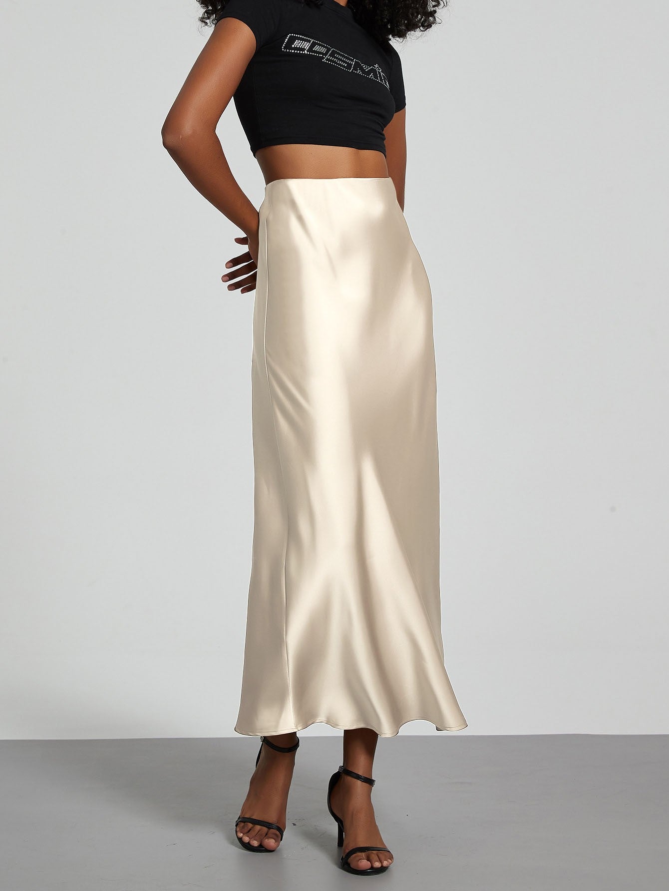 Fashion Satin Party Long Skirt High Waist Solid Color Casual Basic Women Skirts