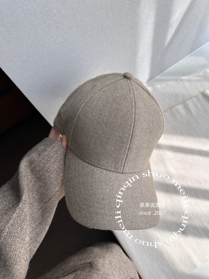 Stylish Wool Herringbone Baseball Cap for Men & Women, Thick Hard Top, Small Face