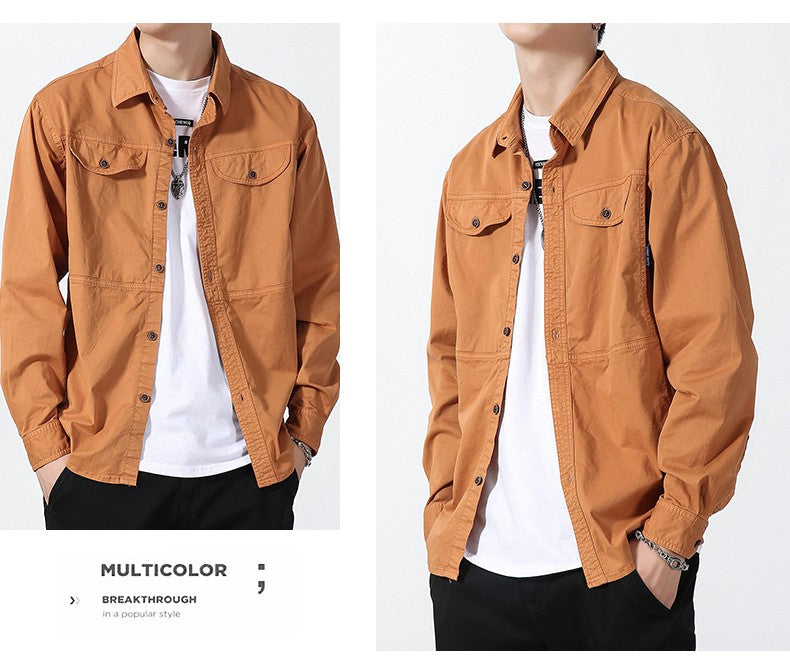Men Slim Fit Turn-Down Collar Loose Cargo Shrit Spring Autumn Casual Wash Cotton Safari Style Jacket with Multiple Pockets Coat