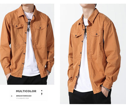 Men Slim Fit Turn-Down Collar Loose Cargo Shrit Spring Autumn Casual Wash Cotton Safari Style Jacket with Multiple Pockets Coat