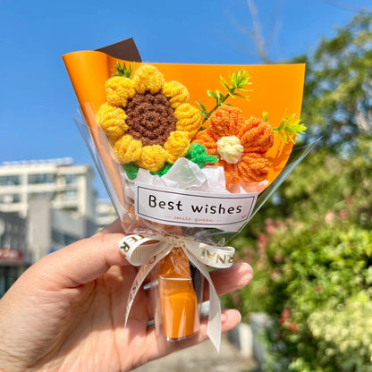 Sunflower Crochet Bouquet Mini Artificial Flower Handmade Knitted Flowers Bouquet Wedding Birthday Gift Room Decor Halloween