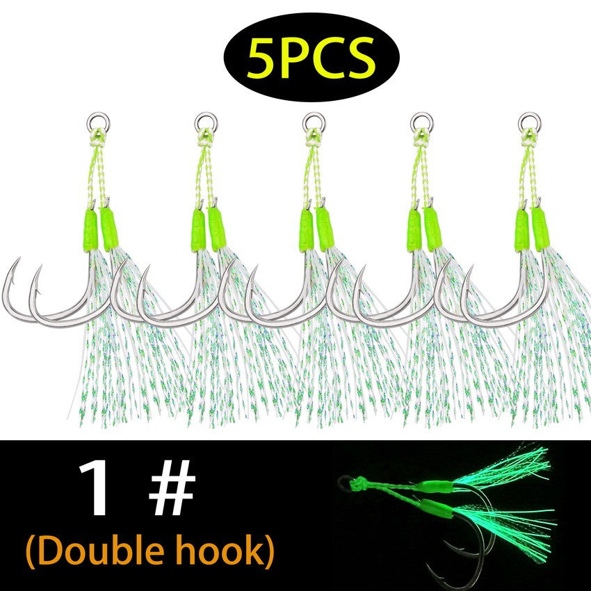Anzóis Jig Assist 5 Peças, Linha de Aço Inoxidável de Alta Resistência, Tubo Luminoso, Pena, Anel Sólido, Anzol de Jigging, Anzóis de Pesca de Barco