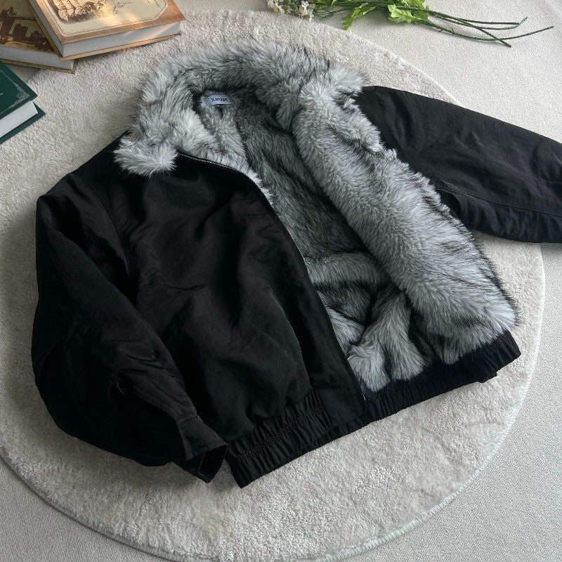 2025 Winter New Fashion Mountain Carving Imitation Wolf Fur Coat Men and Women Y2K Harajuku Hip-hop Pop Bomber Jacket Cleanfit