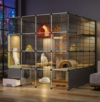 Super Grandes Gaiolas de Gatos com Espaço Livre Casa para Animais de Estimação Interna Villa para Gatos com Caixa de Areia Integrada Gabinete Nórdico Multi-Camadas para Gatos