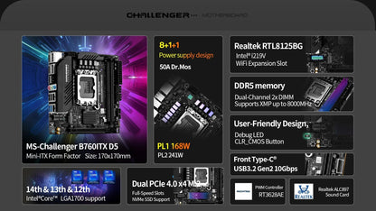 Placa-mãe MAXSUN Game B760ITX D5 compatível com CPUs Intel Core de 14ª, 13ª e 12ª gerações DDR5 M.2 PCIEX16 4.0 Componentes de computador