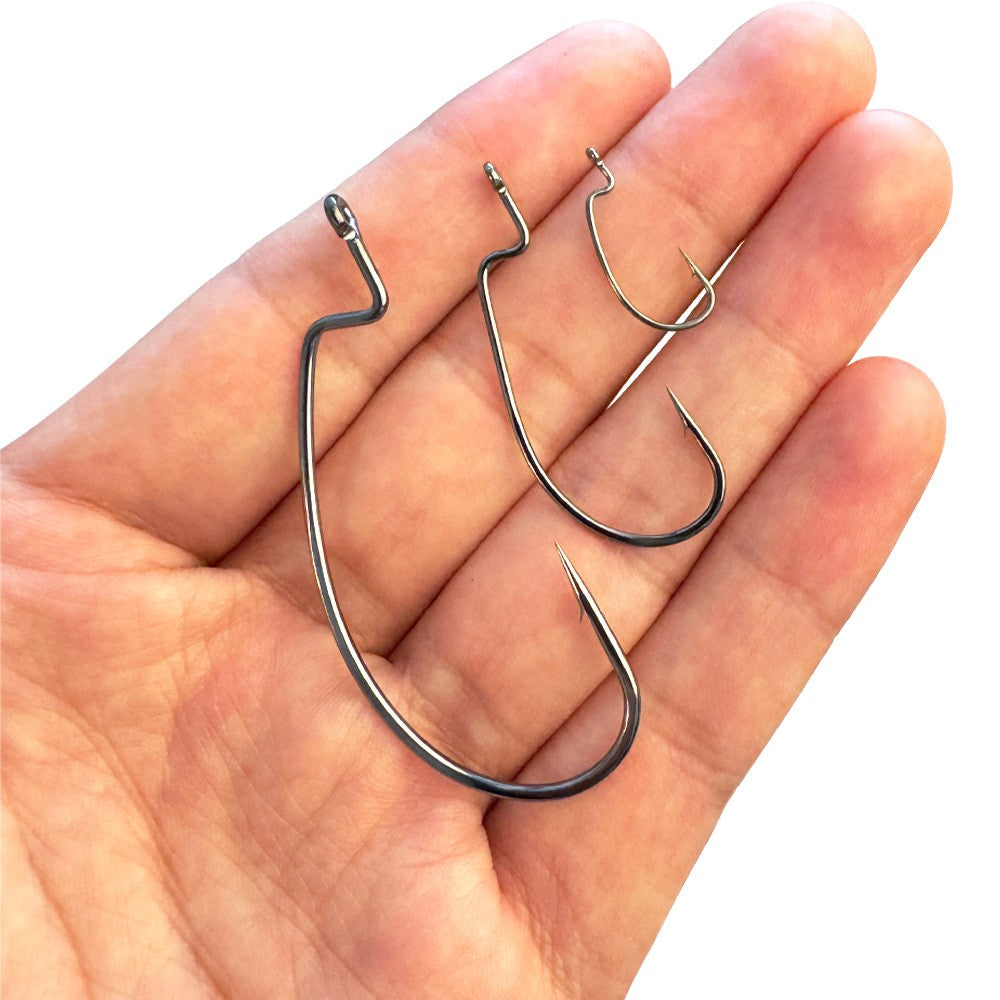 60 unidades/caixa Anzóis de minhoca de boca larga Anzol Jig Texas Rig Anzol para Robalo Aço de Alto Carbono Anzol Offset farpado Equipamento de Pesca Isca Macia