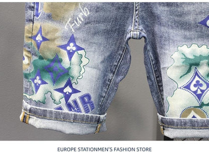Summer 2024 New Fashion Trend Printed Stretch Cotton Shorts Men's Casual Sashimi Comfort High Quality Plus-Size Denim Shorts