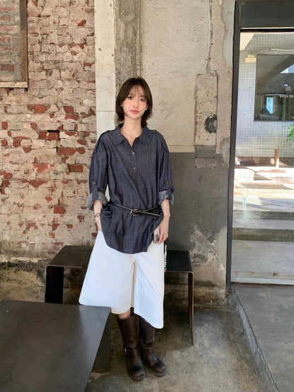 Versatile Chic Dongdaemun Denim Shirt Long Sleeve Woven Straight Cut Commute Urban Style Shirt Versatile Fashionable Shoulder...