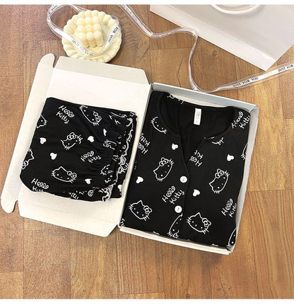New Women Hello Kitty Pajamas Set Long Sleeve V-Neck Cardigan and Pants Cute Cartoon Homewear Sleepwear Loungewear Spring Autumn