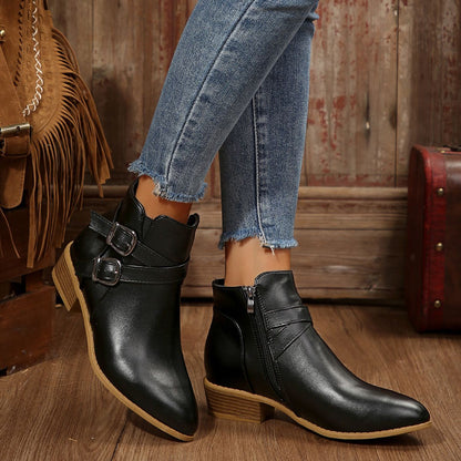 New Autumn Women's Leather Boots Belt Buckle Outdoor Footwear Fashion Pointed High Boot Casual Comfortable Women's Shoes