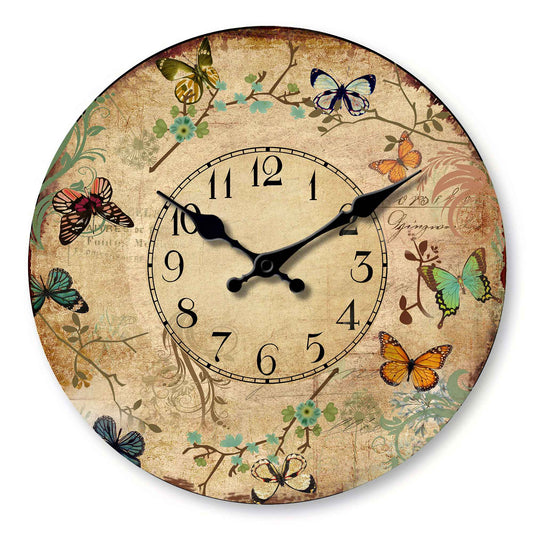 1pc 10-16inch wooden wall clock, retro flower and colorful butterfly design wall clock, silent clock, suitable for living room b