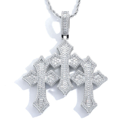 High Quality 3Inch Mens Hip Hop Cross Pendant New Release Iced out Triple Cross with Stone Charm Necklace Made Brass