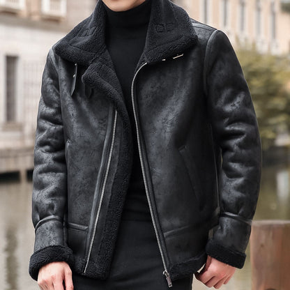 Lamb Cashmere PU Leather Jacket Mens Plus Velvet Men Winter Warm Motorcycle Thickened Leather Coat Man Fleece PU Leather Coats