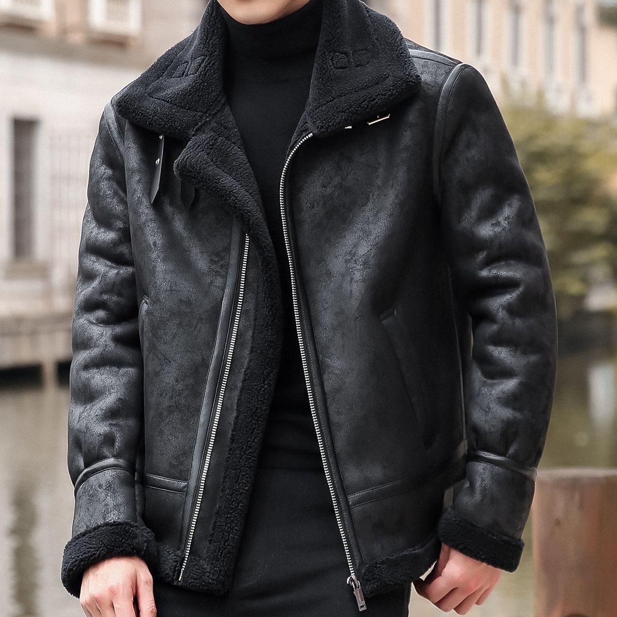 Lamb Cashmere PU Leather Jacket Mens Plus Velvet Men Winter Warm Motorcycle Thickened Leather Coat Man Fleece PU Leather Coats