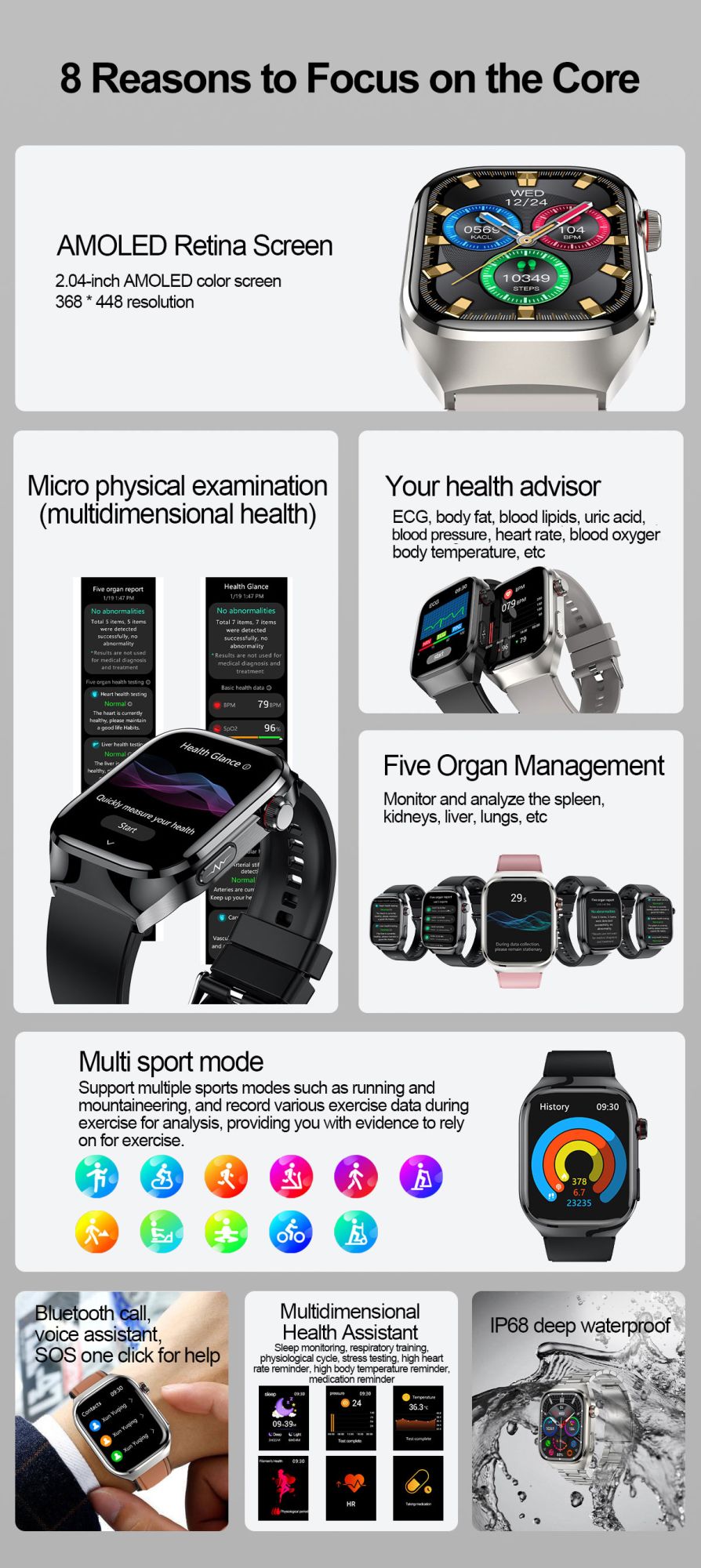 2025 Novo Smartwatch Tela AMOLED de 2.04 polegadas Chamada Bluetooth IP68 À Prova D'água 650mA Smartwatches Esportivos Masculinos Android Grau Militar