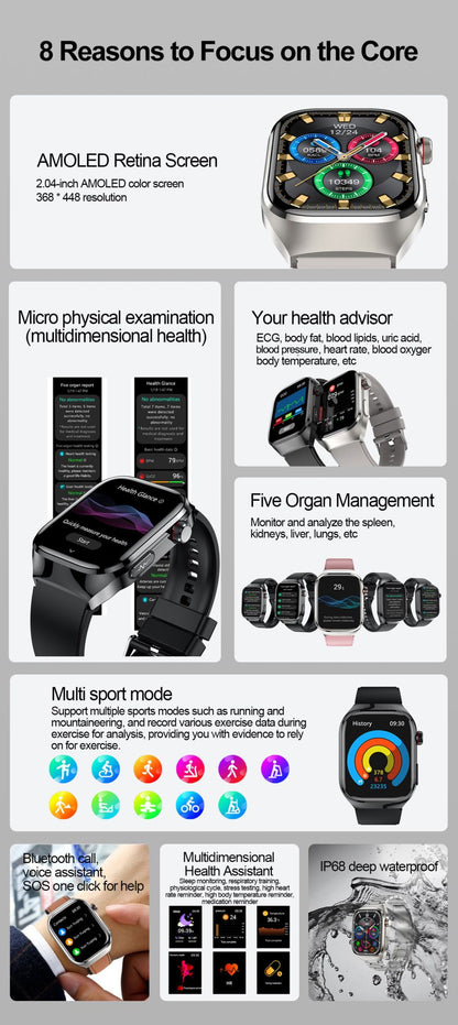 2025 Novo Smartwatch Tela AMOLED de 2.04 polegadas Chamada Bluetooth IP68 À Prova D'água 650mA Smartwatches Esportivos Masculinos Android Grau Militar