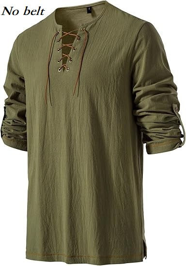 Men's Medieval Lace Up Tunic Shirt Renaissance Viking Pirate Costume Long Sleeve Retro Tops with Belt for Halloween Cosplay