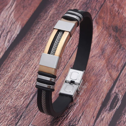 Pulseira Masculina de Couro, Silicone e Aço Inoxidável Esportiva Corrente de Mão Acessórios de Joias Presente Masculino
