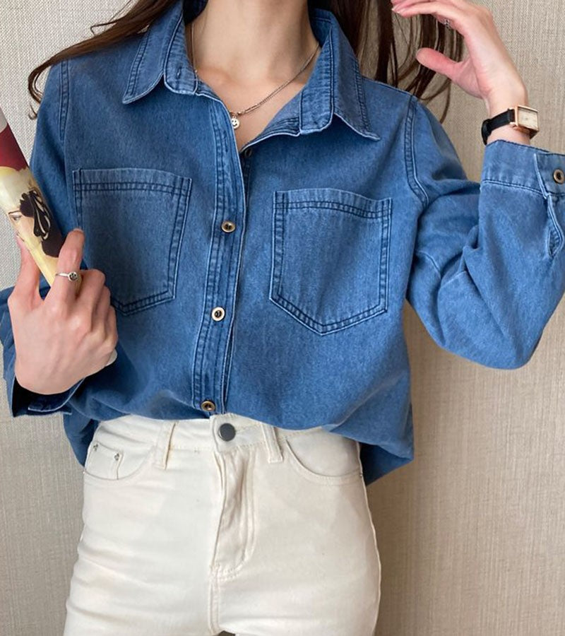 Lucyever Blue Denim Shirt Women 2023 Autumn New Single-Breasted Jeans Blouses Female Pockets Loose Fashion Lapel Cowboy Blusas