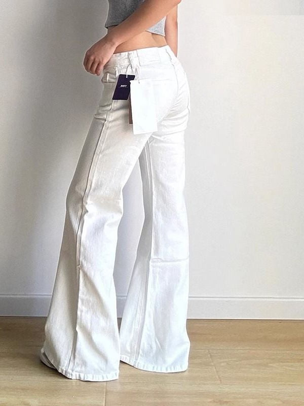 Low Waist White Denim Jeans Women's Spring Autumn 2025 New Design Slim Fit Bell Bot Wide Leg Pants Stand Fit Jeans