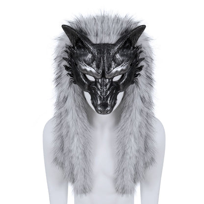 Viking Wolf Mask Faux Fur Headdress Werewolf Barbarian for Halloween Cosplay Costume Accessories