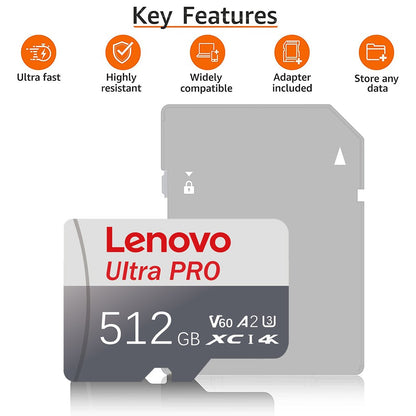 Cartão de Memória Lenovo 1TB Cartão SD 128GB Classe 10 Cartão TF 4K Cartão SD 1TB Cartão Micro TF SD de Alta Velocidade 512G 256GB para Celular Nintendo