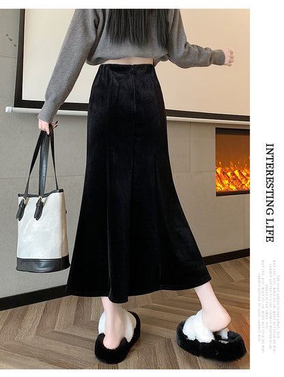 Elastic Velvet Long Black Skirts Women 2025 Casual Korean Fashion Y2k Clothes Mid Length Elegant High Waist Harajuku Maxi Skirt