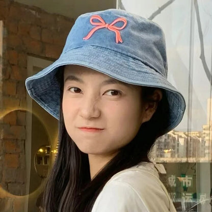 A Fisherman's Hat Three-Dimensional Embroidery Bow Travel Shopping Washed Denim Basin Hat