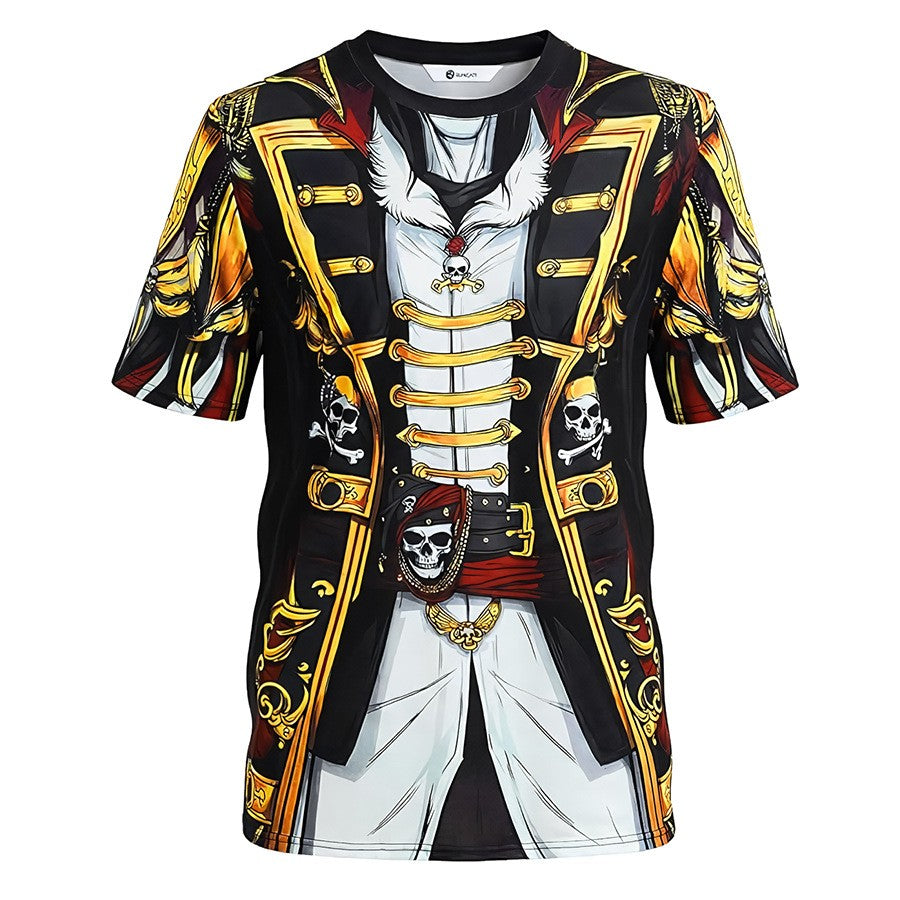 Men Medieval 3D Printed Pirate Costume T Shirt Short Sleeve Crew Neck Halloween Cosplay Vintage Captain Tops Male Holiday Appare