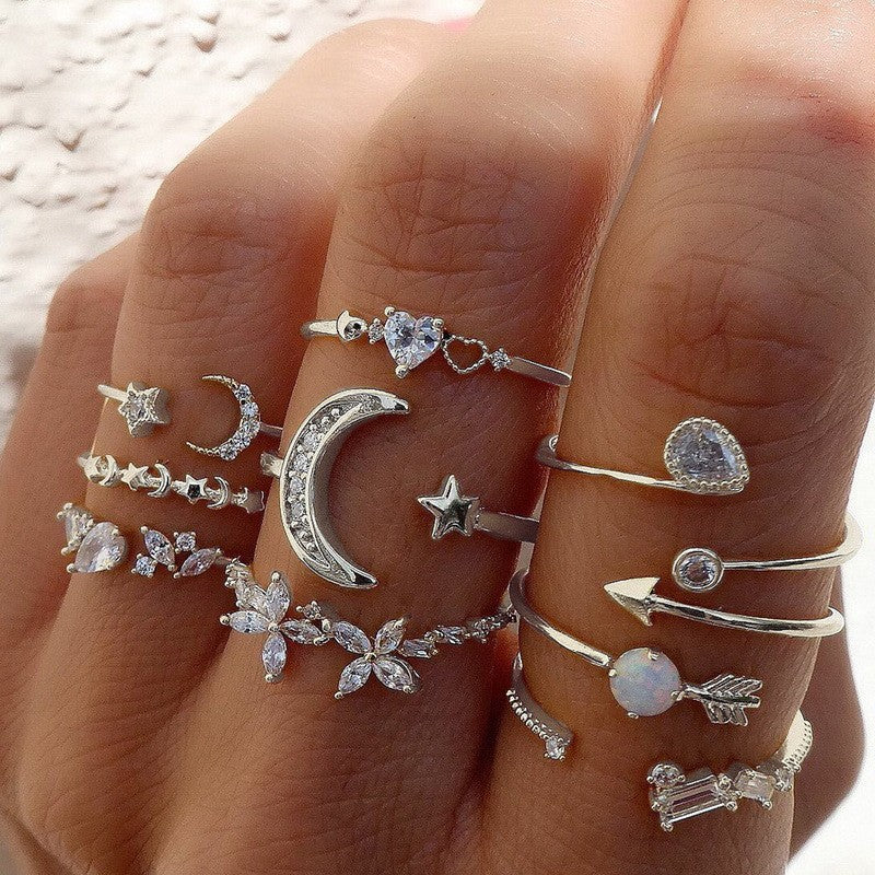 Conjunto de Anéis de Cristal Cor Prata para Mulheres, Anéis de Dedo de Zircônia Cúbica de Lua, Flecha, Flor, Coração, Joias Femininas da Moda