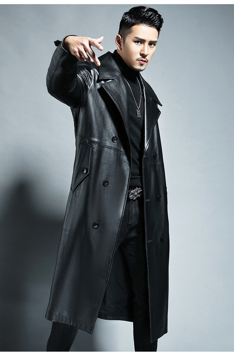 Mauroicardi Spring Autumn Long Cool Waterproof Black Pu Leather Trench Coat Men Double Breasted Plus Size Outerwear 4xl 5xl 2022