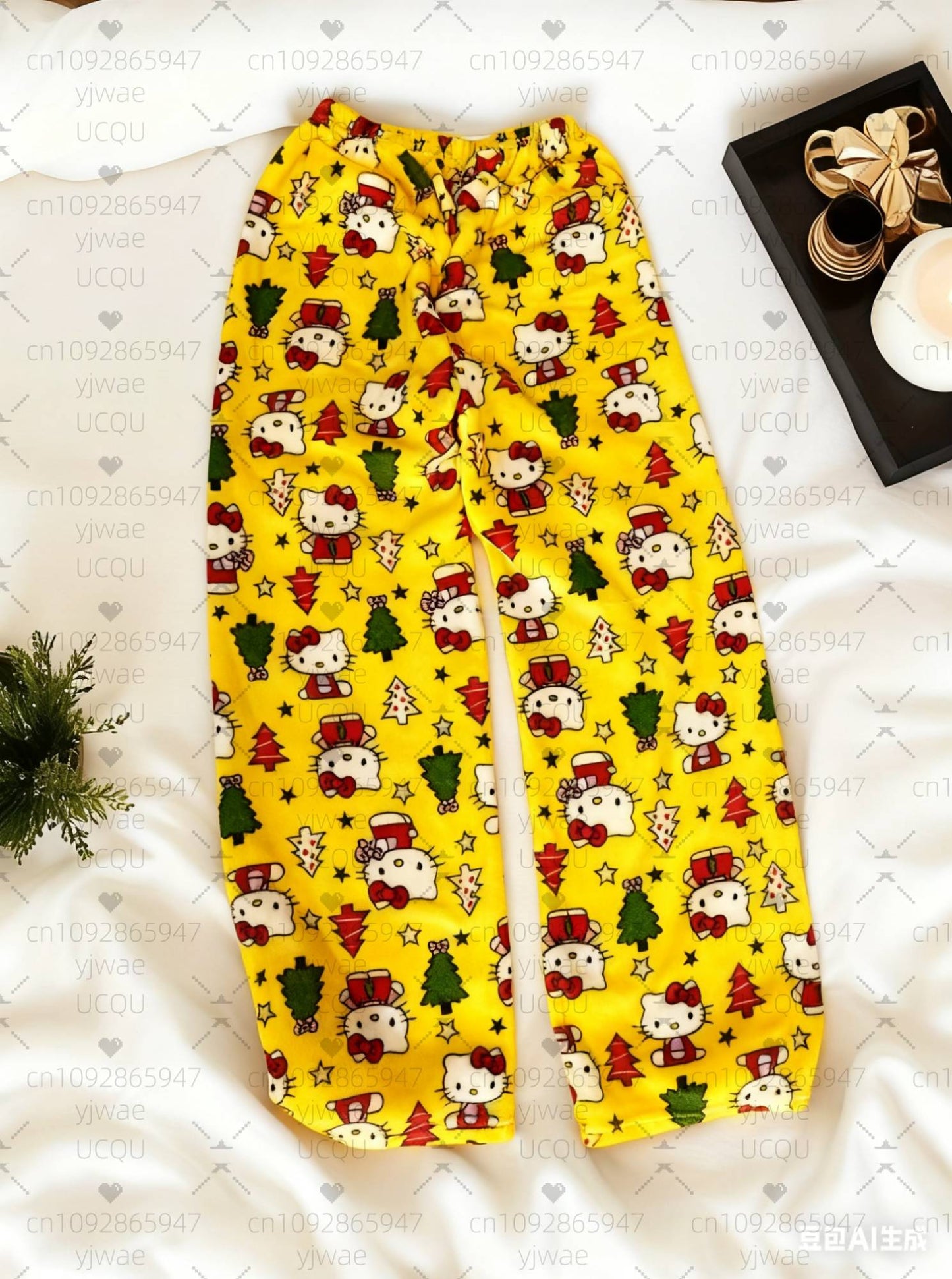 2025 Winter Women Hello Kitty Christmas Tree plush Pajama Pants Soft Trousers Cute Women Casual Home Anime Cartoon  Pajama Pants