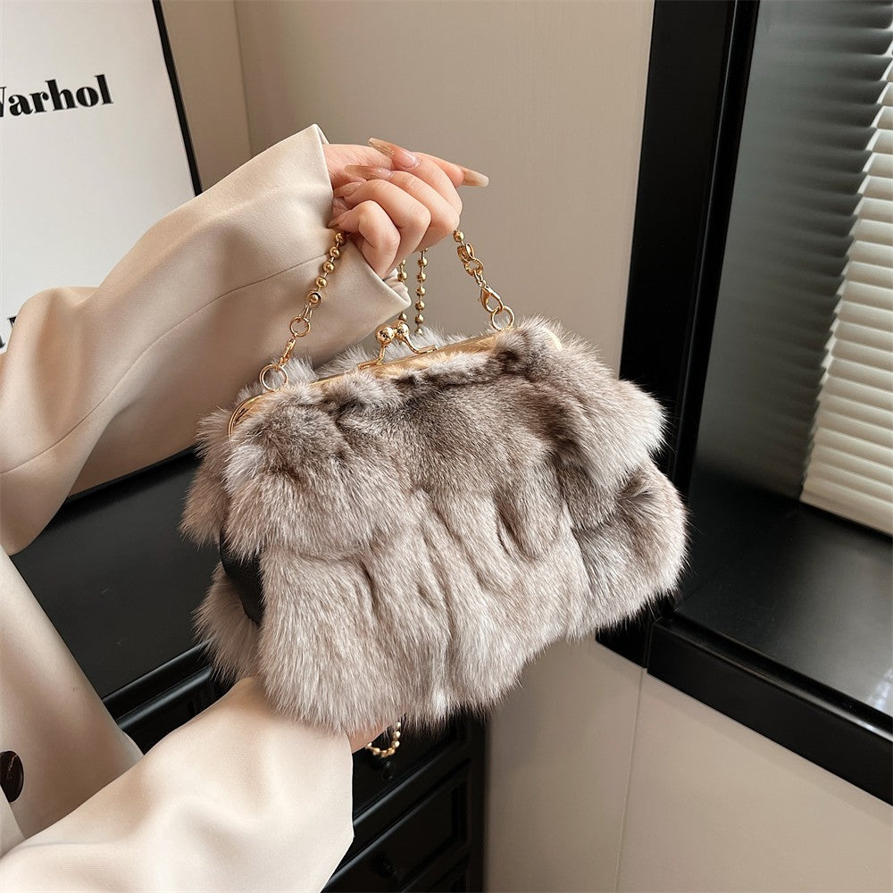 MOODS Soft Plush Evening Bags For Elegant Women Fox Fur Dinner Party Clutch Chain Crossbody Winter Warm Luxury Designer Handbags