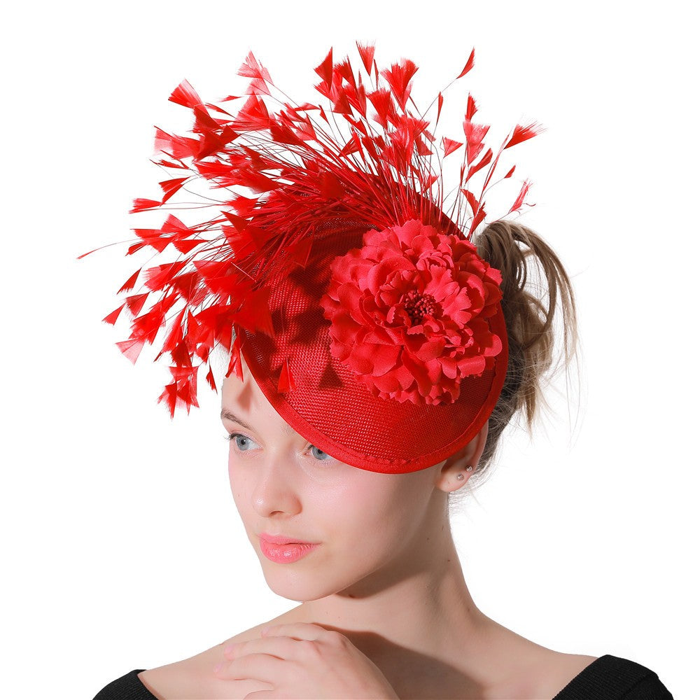 Chapéu de sol de aba grande com design de padrão de fio de cânhamo duplo, acessórios de pena, elegante chapéu de banquete, chapéu de praia para casamento ou férias, chapéu equestre