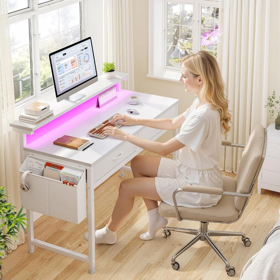 39.4 Inch Computer Desk with 2 Drawers and LED Lights for Small Spaces Home Office Study Writing Table with Side Pocket and Mon